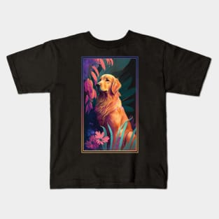 Golden Retriever Dog Vibrant Tropical Flower Tall Digital Oil Painting Portrait 2 Kids T-Shirt